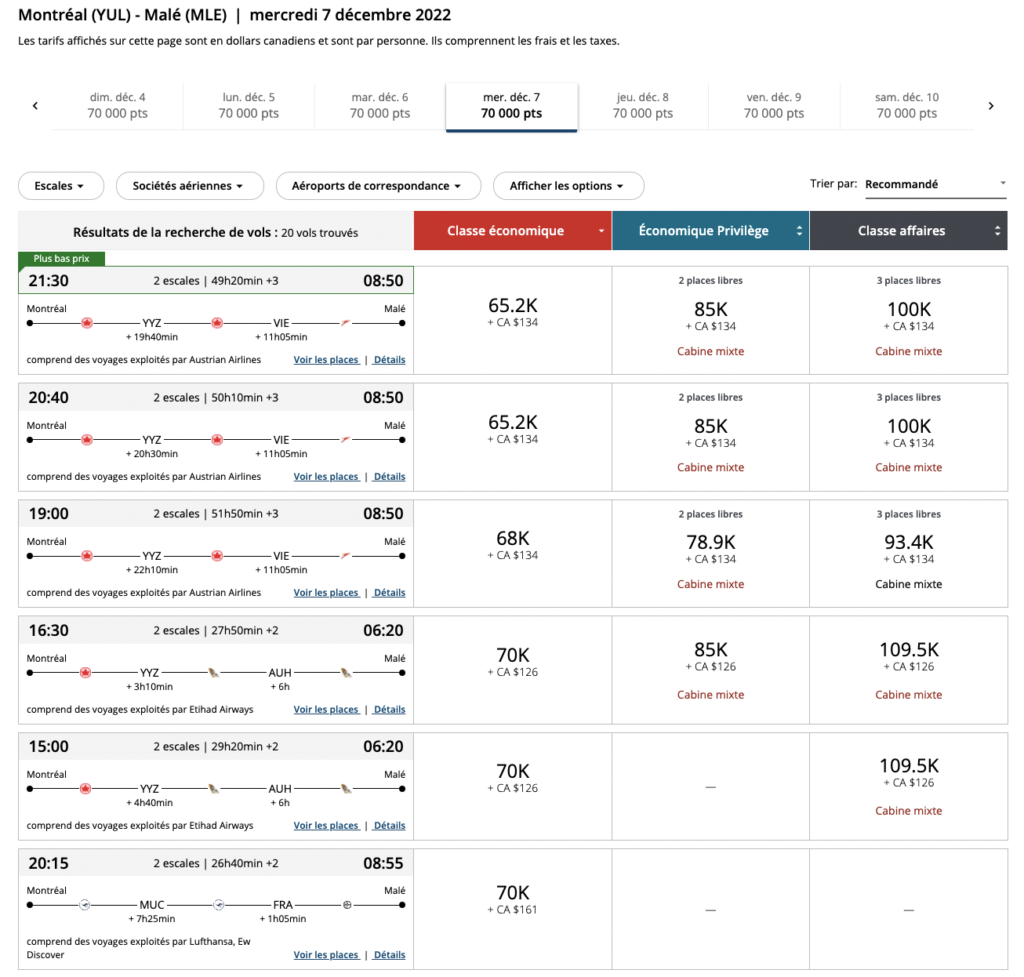 YUL MLE escales aller