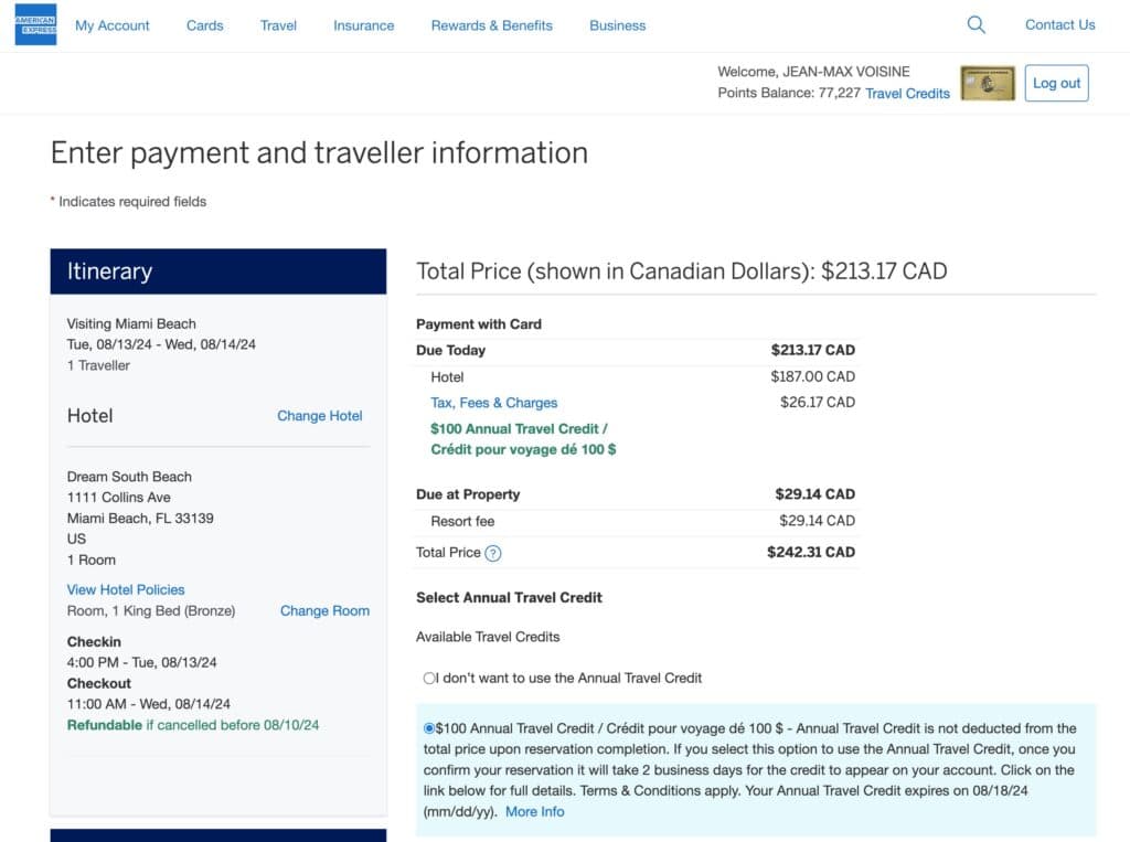 amex credit voyage reservation hotel en