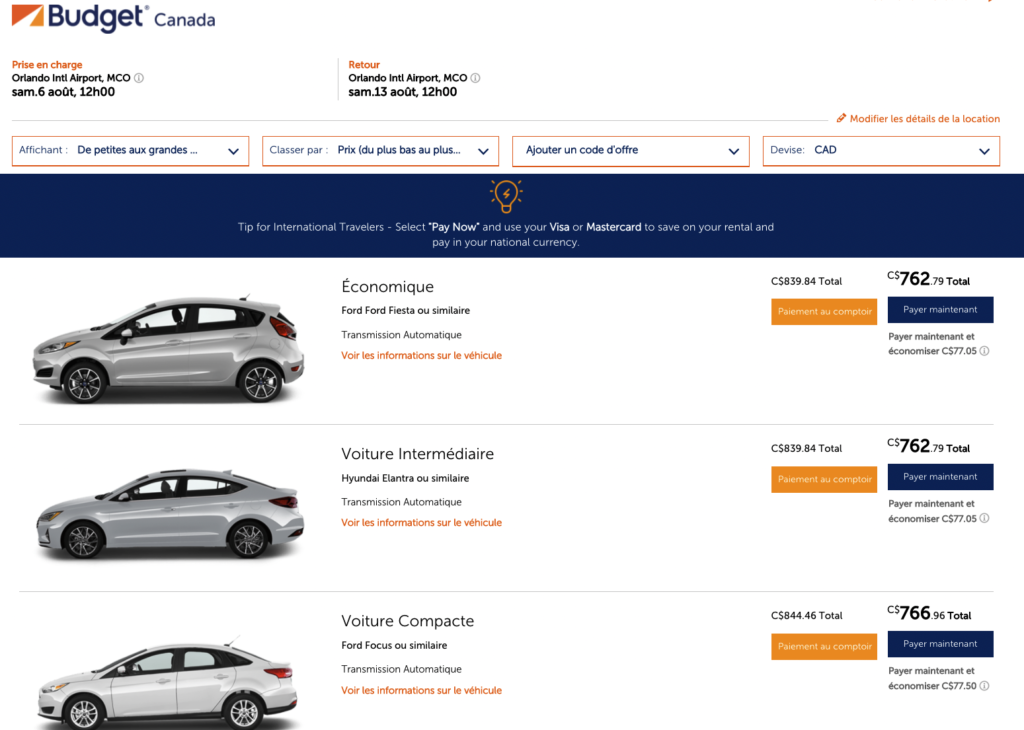 Budget location voiture MCO