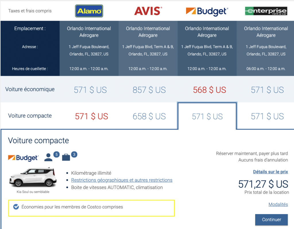 Location voiture Costco Travel MCO