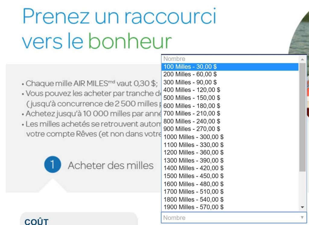 purchase air miles normal cost