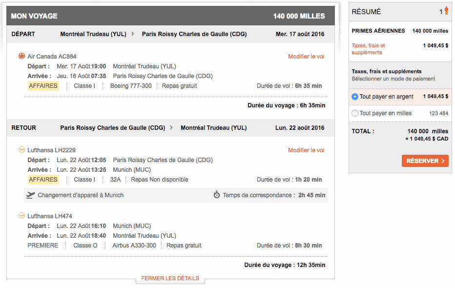 aeroplan ac lh f yul cdg