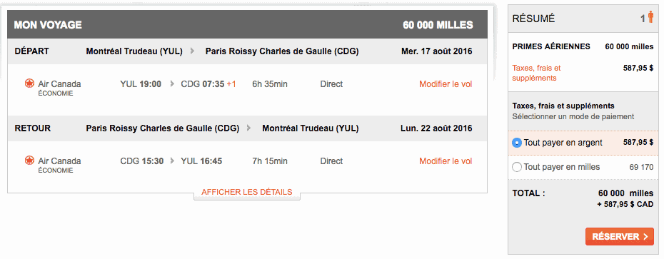 aeroplan air canada yul cdg