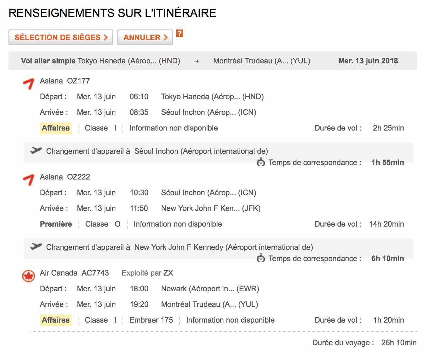billet aeroplan hnd yul