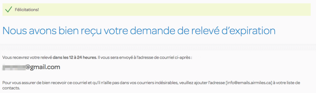confirmation demande releve air miles