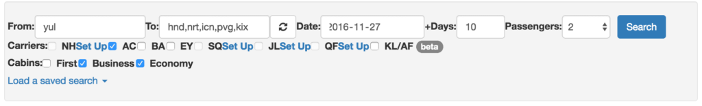 ecran de recherche award flights