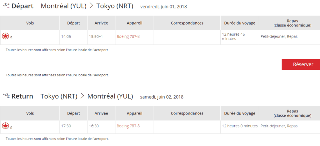 horaires yul nrt