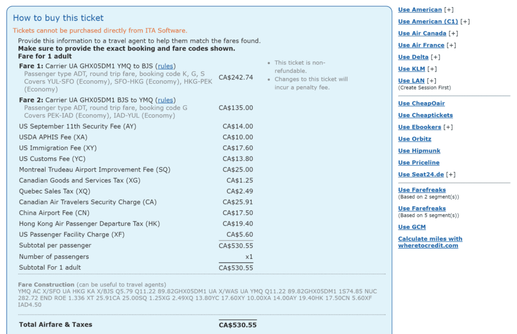 ITA Matrix booking sites