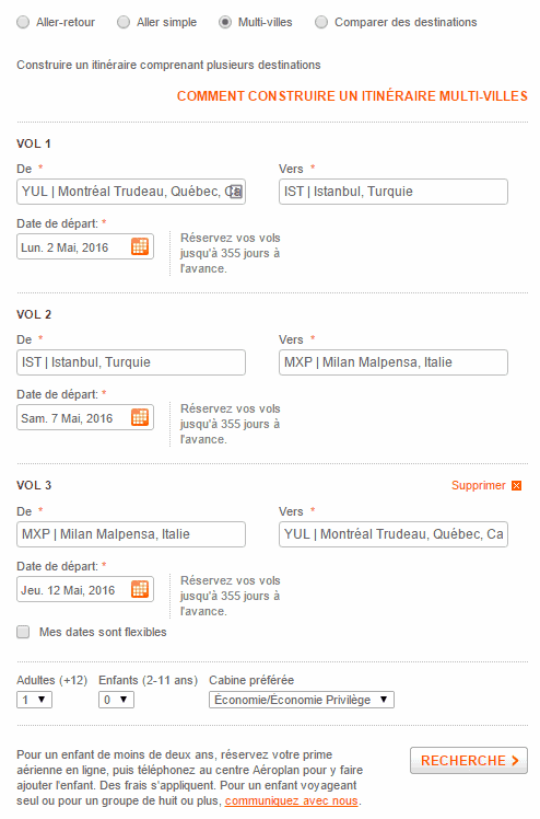 multi villes aeroplan