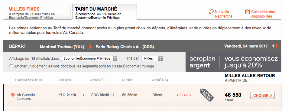 tarif aeroplan marche paris