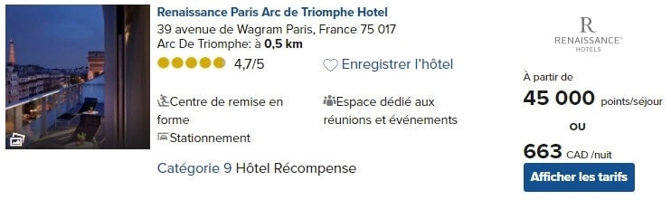 tarif renaissance paris points