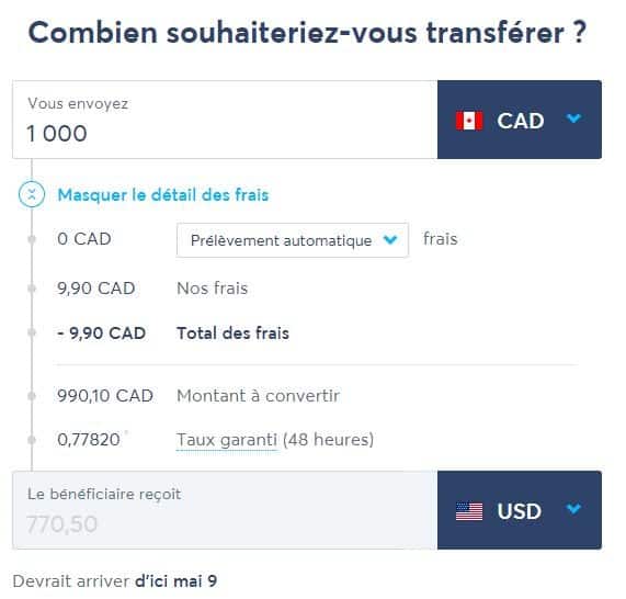transferwise exemple transfert taux