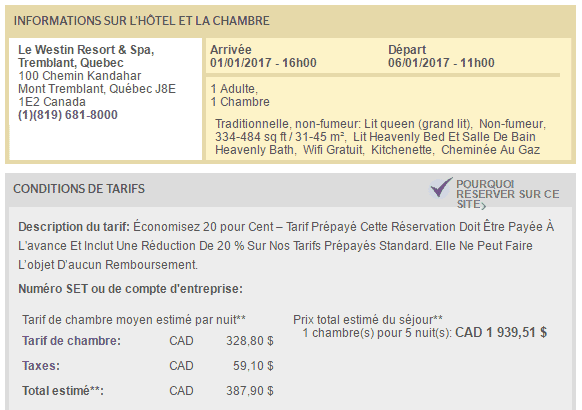 westin tremblant 5 nuits cash