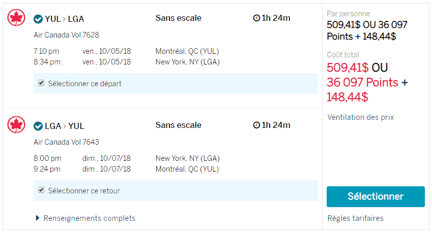 yul lga amex voyages points souples