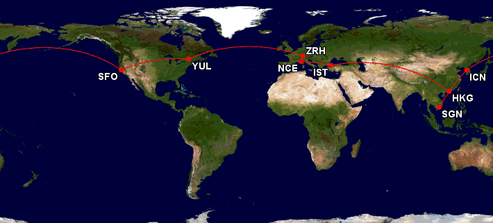 yul zrh nce ist hkg sgn icn sfo yul