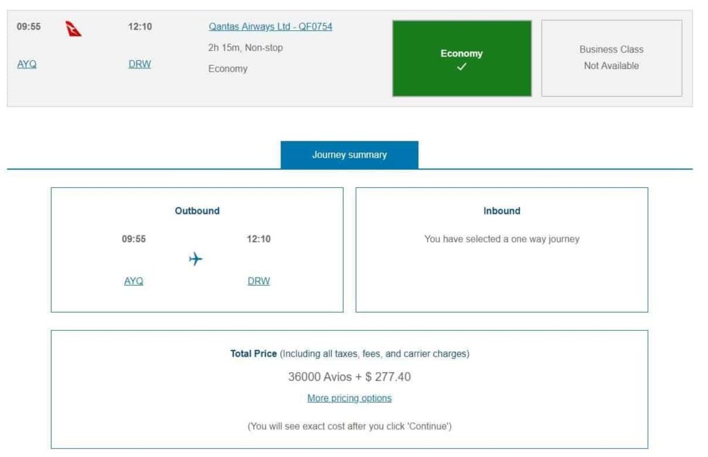 Ayq Drw Avios Booking