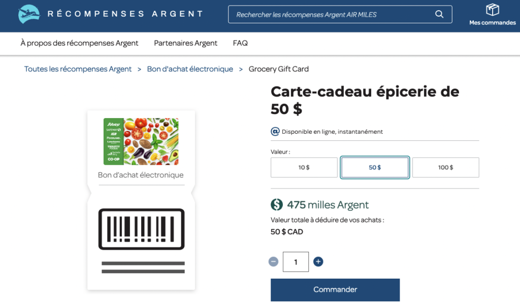 Air Miles récompenses argent