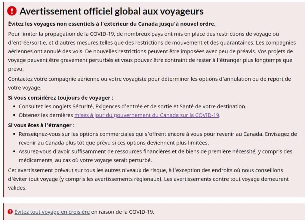 Avertissement Canada Voyageurs 13 Mars 2020