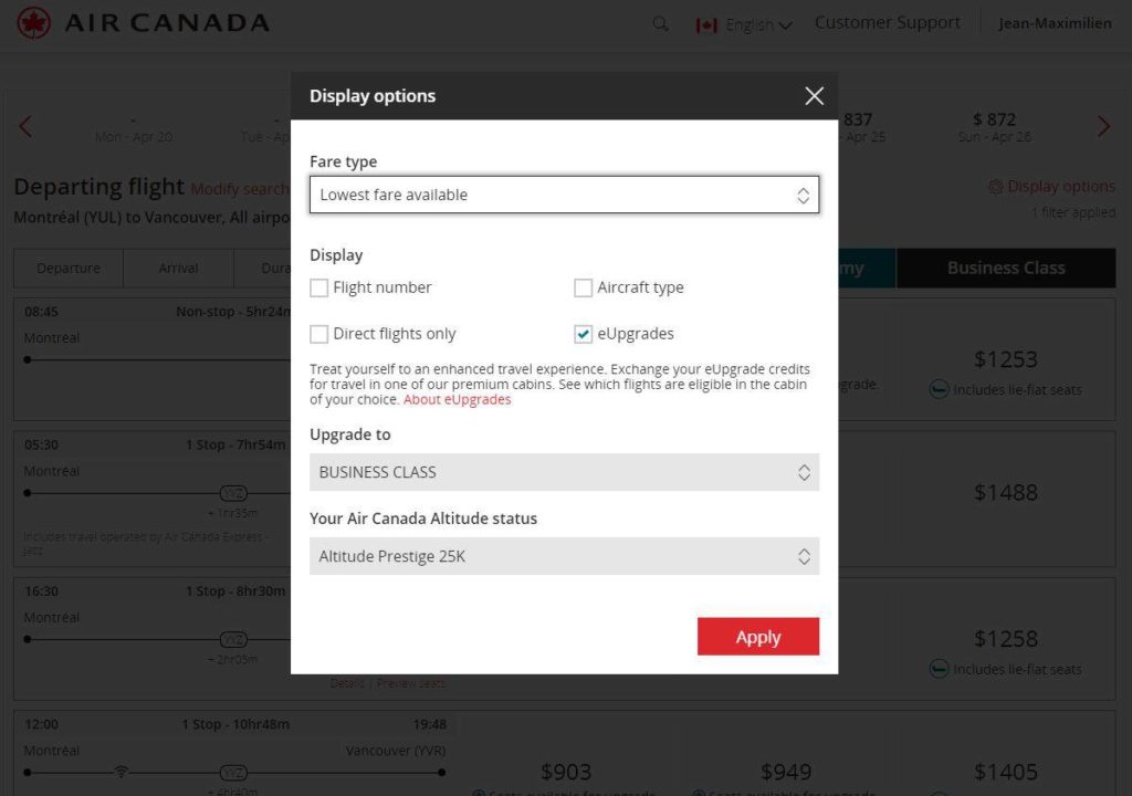 Air Canada Altitude - eUpgrade Filter