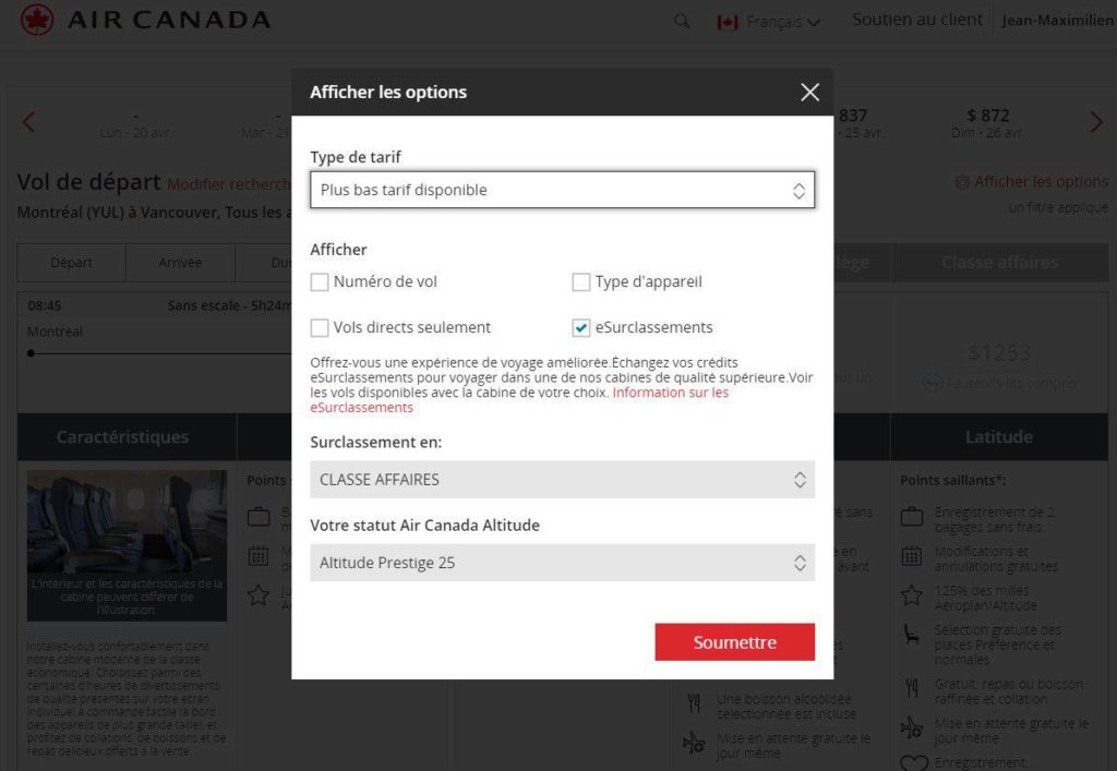 Air Canada Altitude Filtre Esurclassement