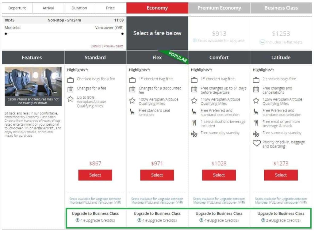 air canada altitude yul-yvr esurclassement