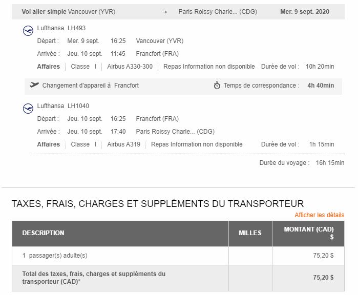 Prime Aeroplan Vancouver Francfort Itineraire