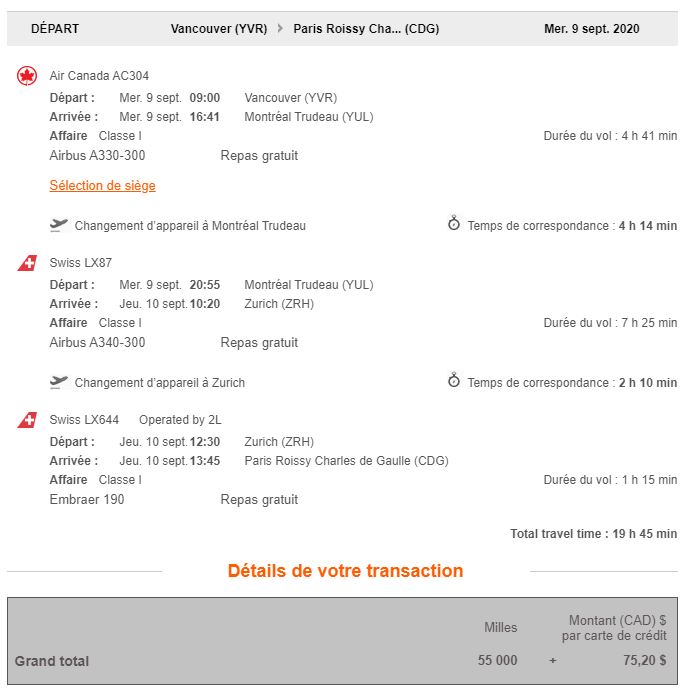 Prime Aeroplan Vancouver Zurich Itineraire