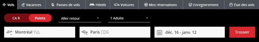Nouveau Aeroplan Selecteur Option Points
