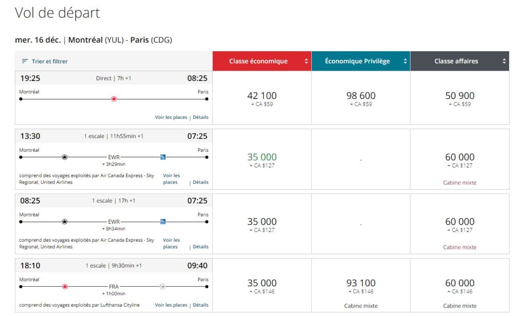 Nouveau Aeroplan Yul Cdg Options