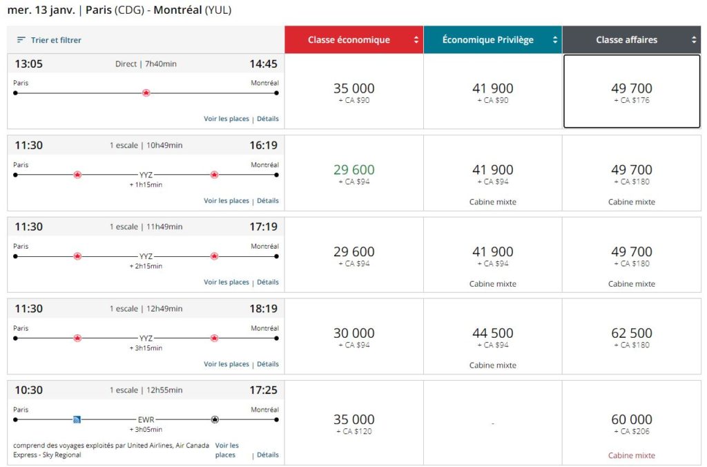 Nouveau Aeroplan Yul Cdg Options Retour