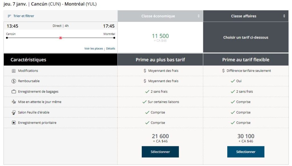 Nouveau Aeroplan Yul Cun Affaires Retour