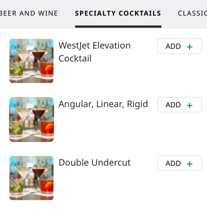 Westjet Elevation Lounge Speciality Cocktails