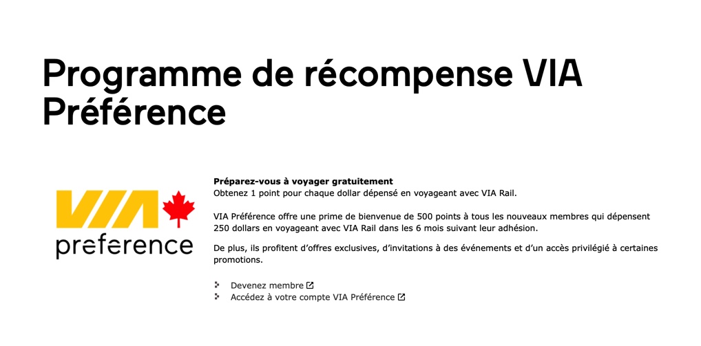 Programme de récompense Via Rail