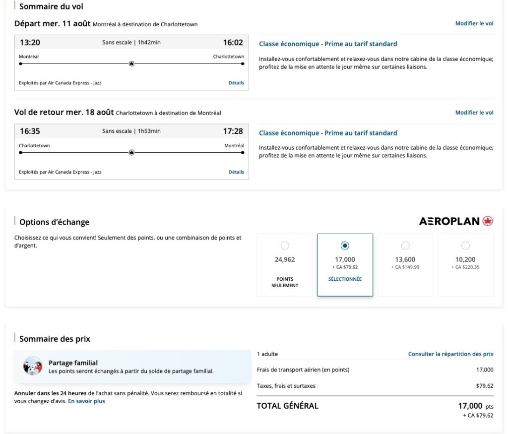 Aeroplan Yul Charlottetown Fr