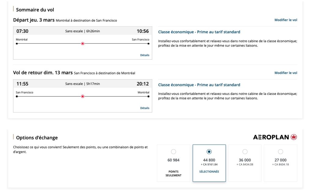 Points Aeroplan Yul Sfo Fr