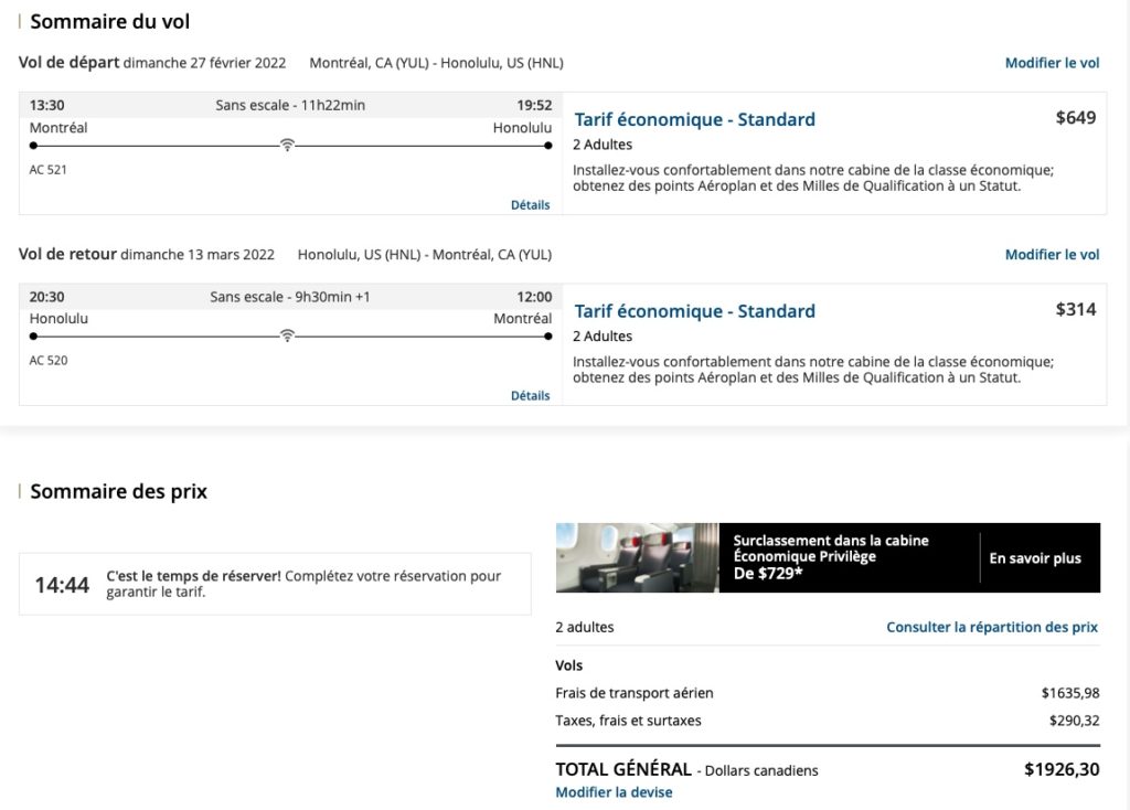 Montreal Honolulu Tarif Payant