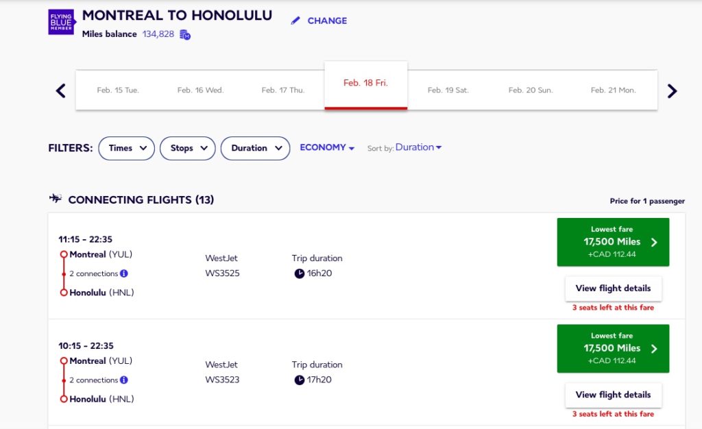 af flying blue yul hnl westjet fr