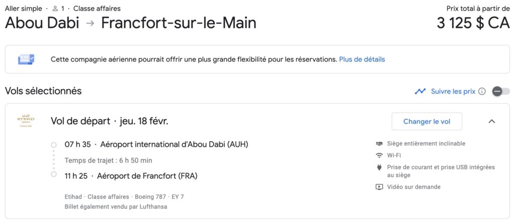 etihad airways cout classe affaires