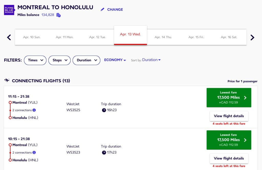 yul-hnl – westjet – flying blue fr