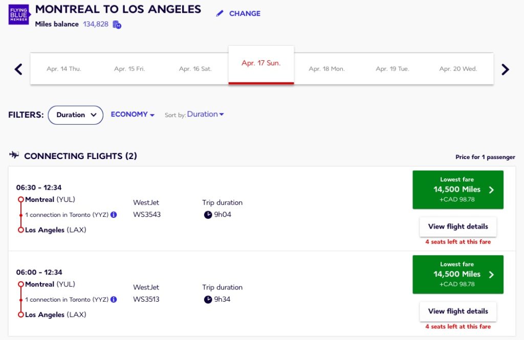yul-lax – westjet – flying blue fr