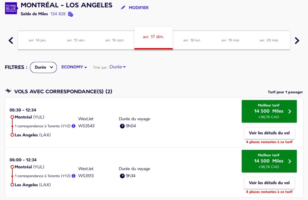 yul lax westjet flying blue fr