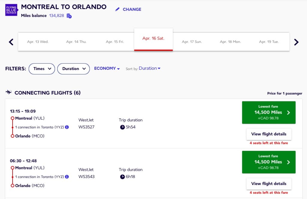 yul-mco – westjet – flying blue fr