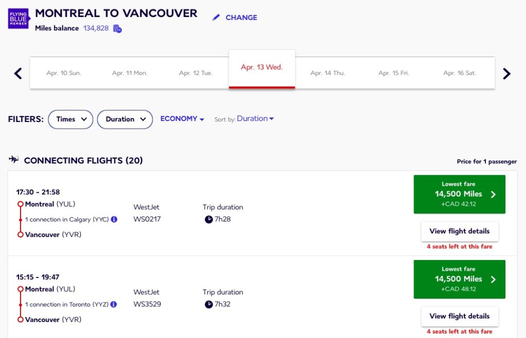 yul-yvr – westjet – flying blue fr