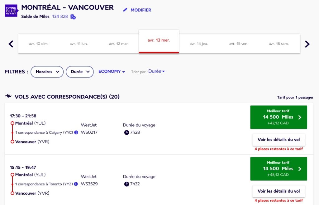 yul yvr westjet flying blue fr