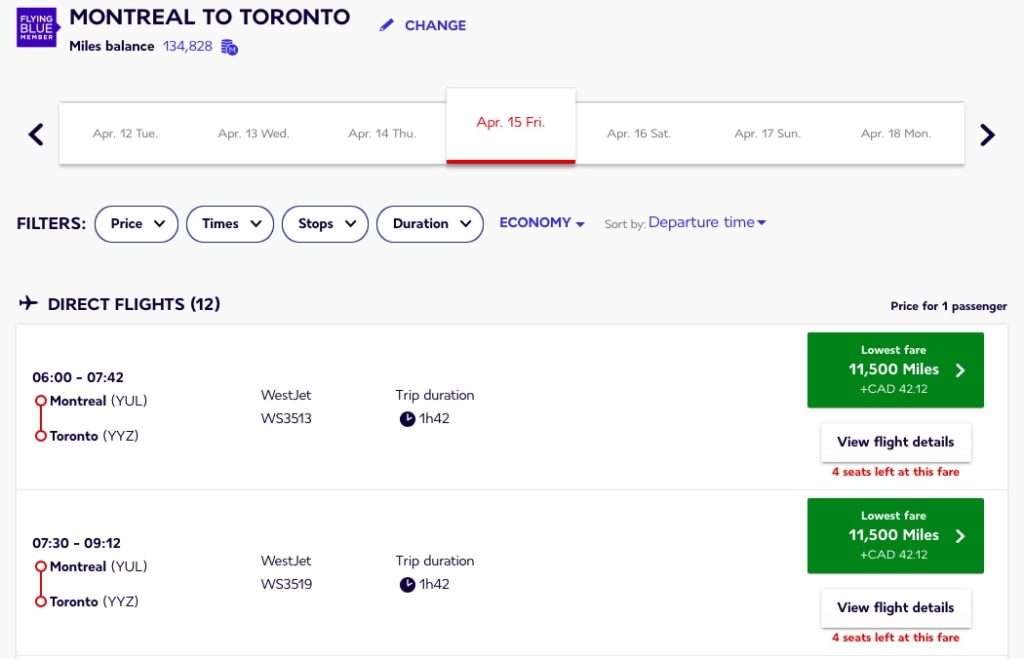 yul-yyz – westjet – flying blue fr
