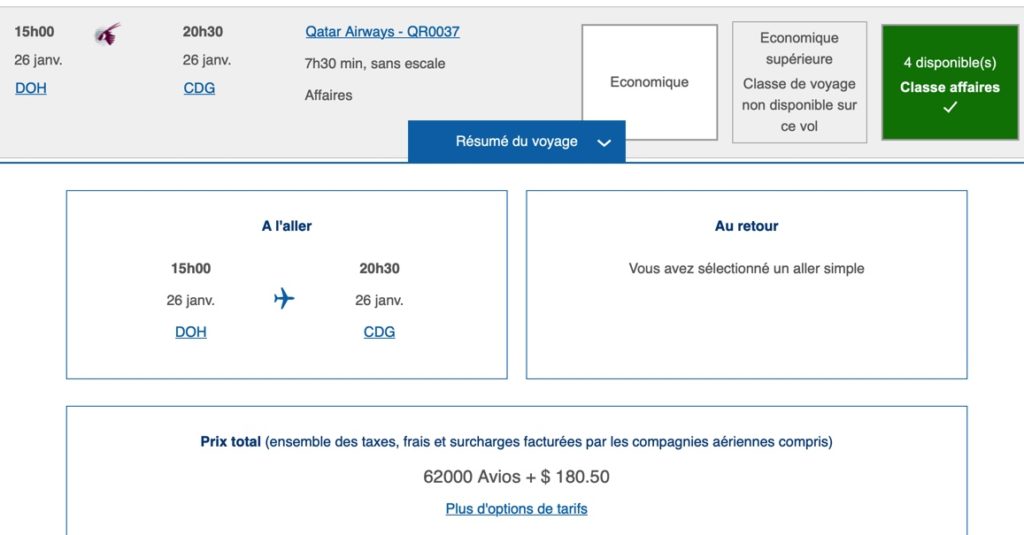 DOH CDG en Q suite Avios
