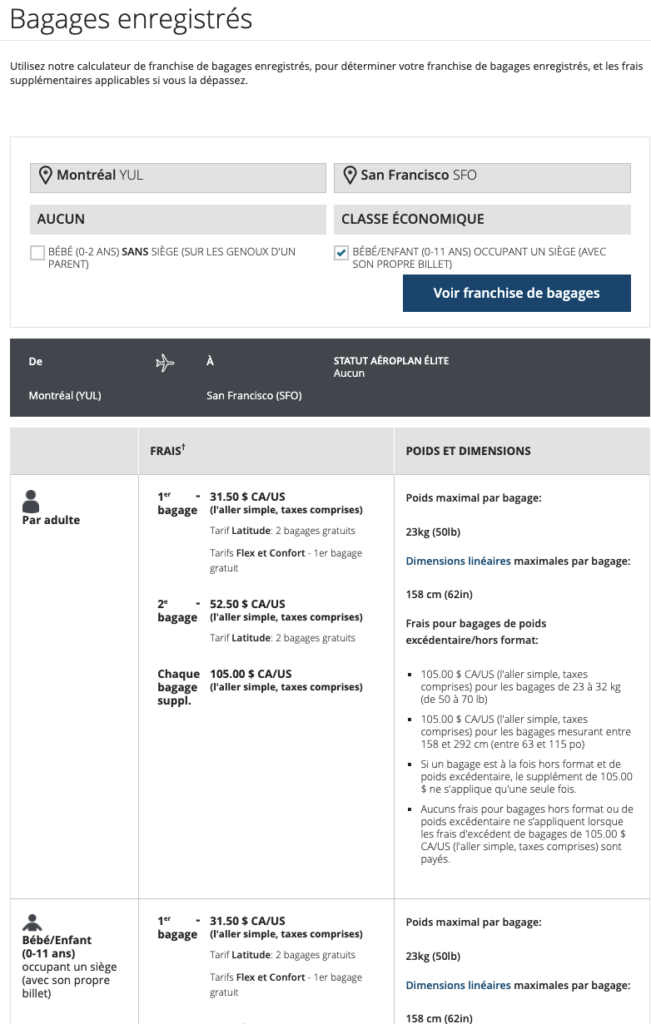 Frais bagages enregistrés AC calculateur
