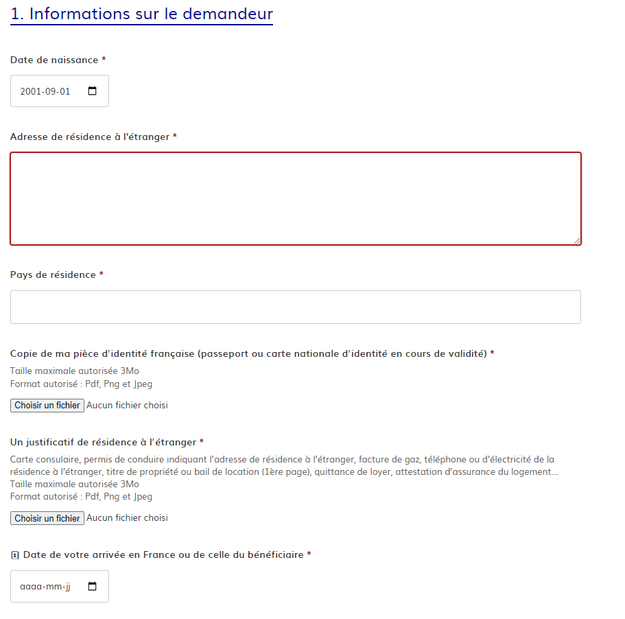 information sur le demandeur