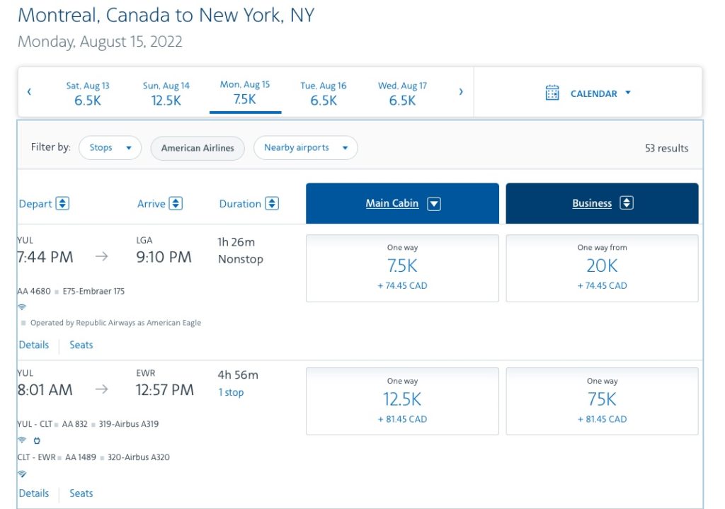 options aadvantage yul lga