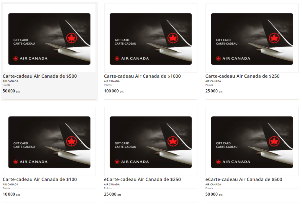 AC achat de cartes Cadeaux avec Aeroplan